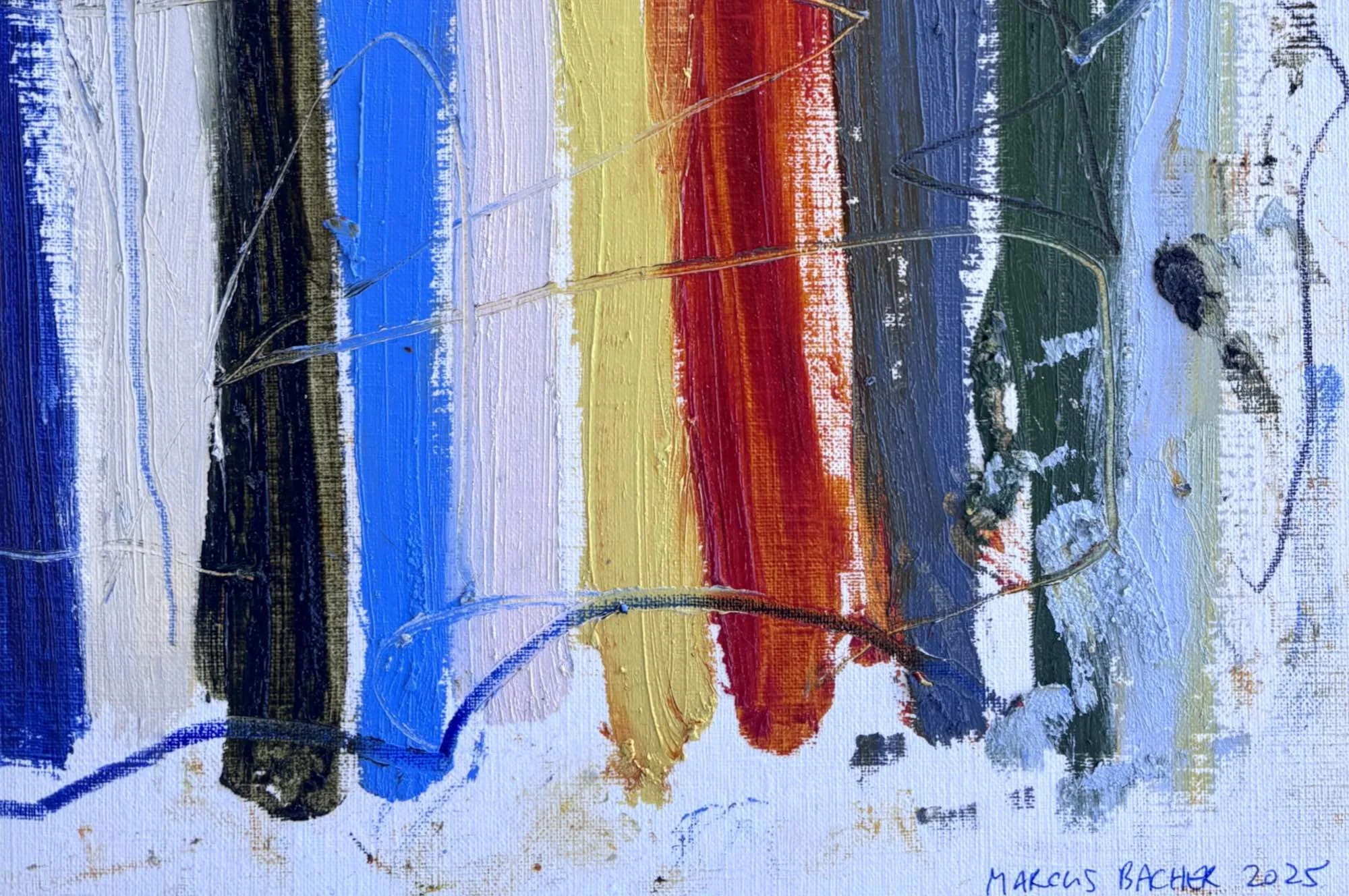 Shoreline Stripes by Marcus Bacher, close-up of the lower corner with the signature and the orange and green stripes.