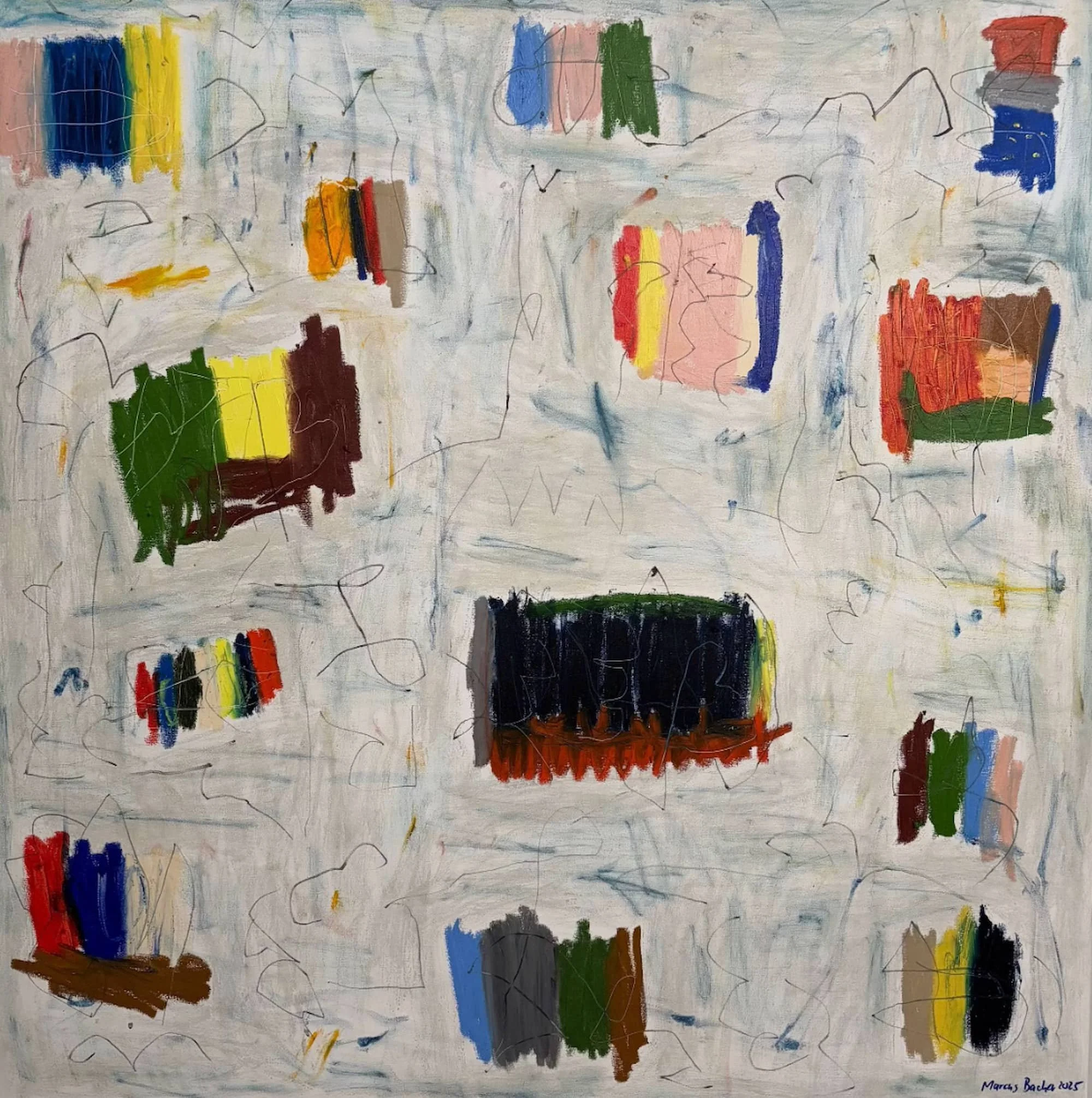 Muizenberg original abstract painting 48x48 inches oil sticks markers on canvas by Marcus Bacher 2025