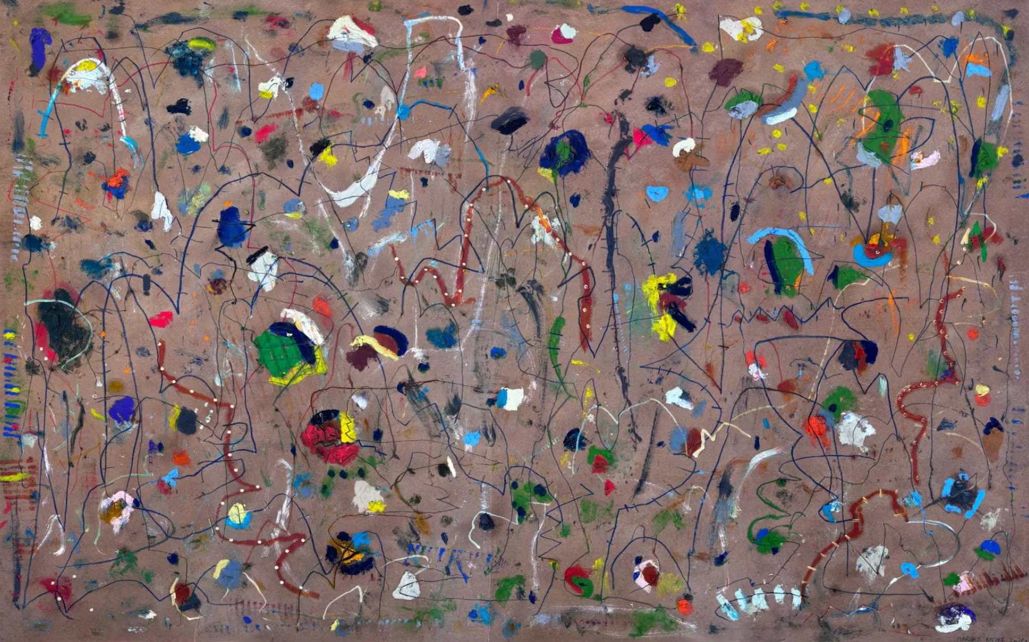 Confetti in a Windstorm original abstract painting 40x60 inches oil sticks markers on brown paper by Marcus Bacher 2026