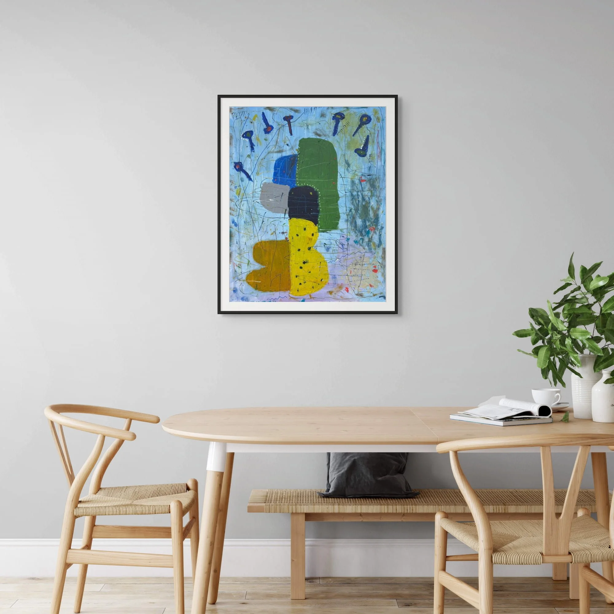 Color Me Briefly II original abstract painting by Marcus Bacher in Scandinavian dining interior