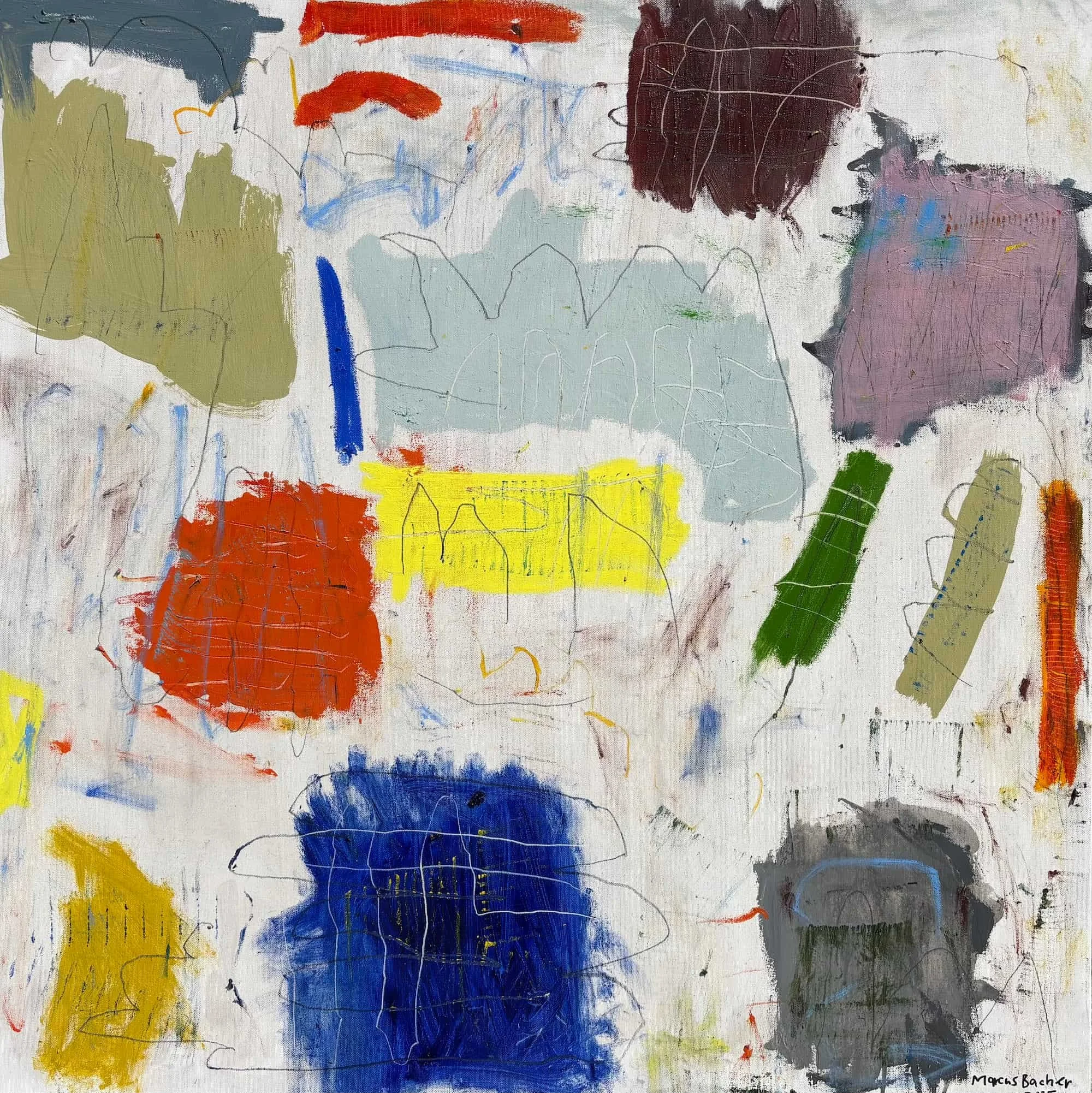 Colored Blocks original abstract painting 36x36 inches oil sticks markers on canvas by Marcus Bacher 2025