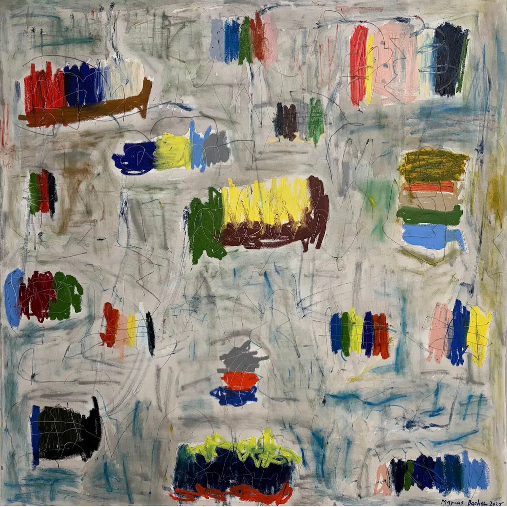 Muizenberg series original abstract painting 48x48 inches oil sticks markers on canvas by Marcus Bacher 2025