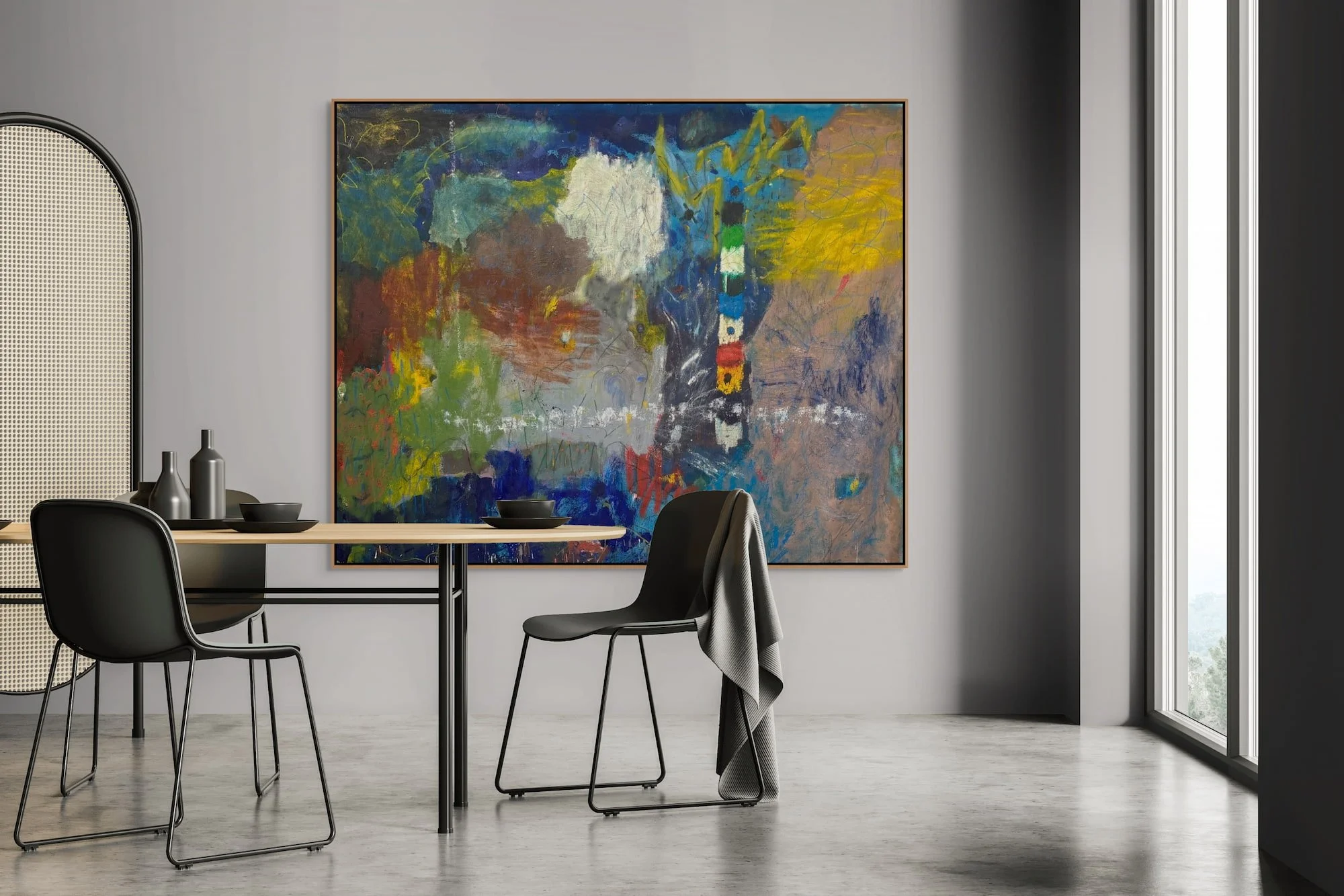 Vertical Pulse large abstract painting by Marcus Bacher displayed in modern living room
