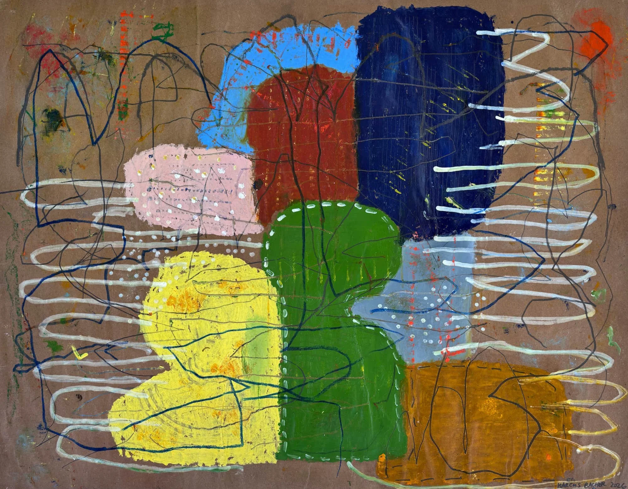 Paper Parade original abstract painting 24x30 inches oil sticks markers on brown paper by Marcus Bacher 2025