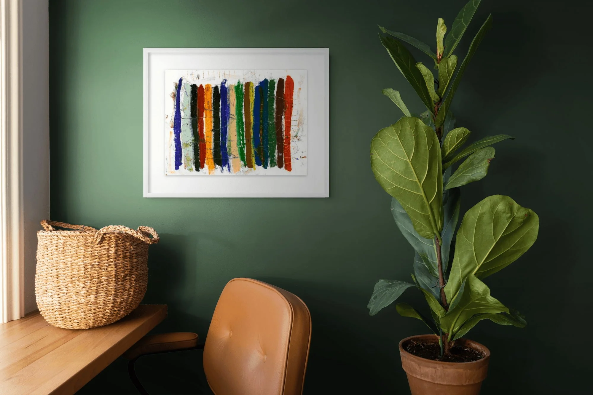 Shoreline Stripes original abstract painting by Marcus Bacher displayed in modern interior with green wall