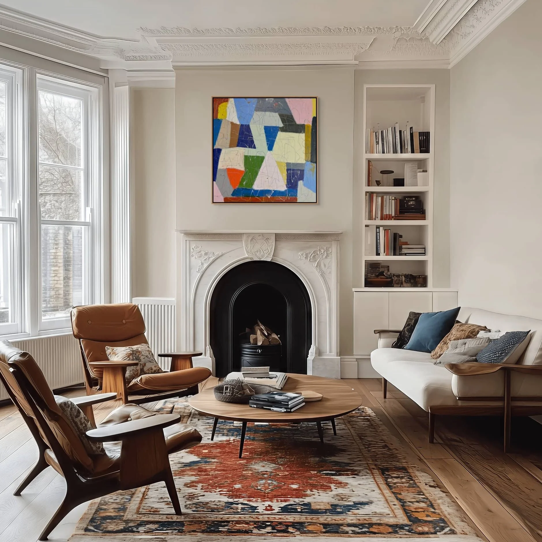 Shiny Happy People square abstract painting by Marcus Bacher in modern living room
