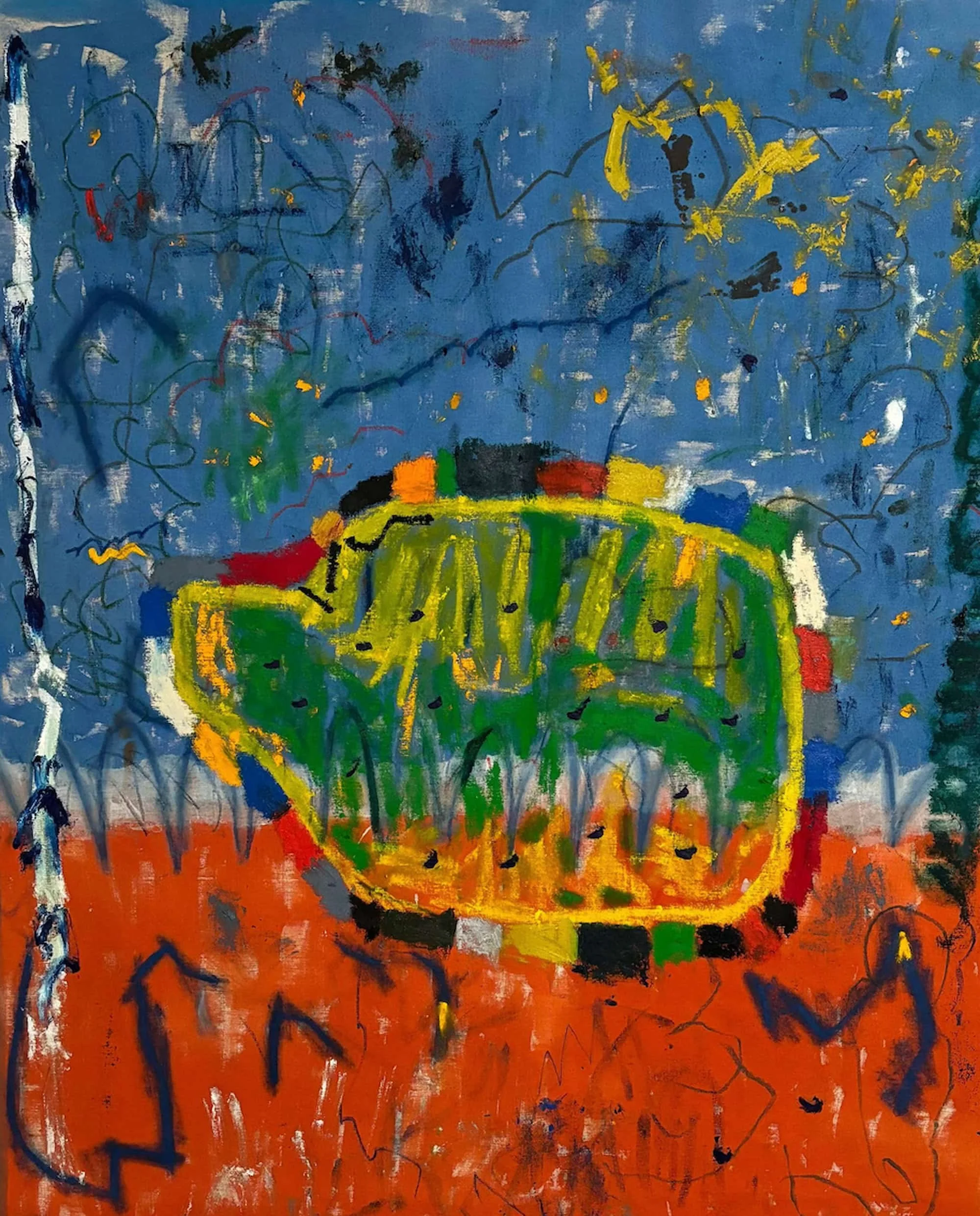 Oranje Blanje Blou original oversized abstract painting 54x72 inches oil on canvas by Marcus Bacher