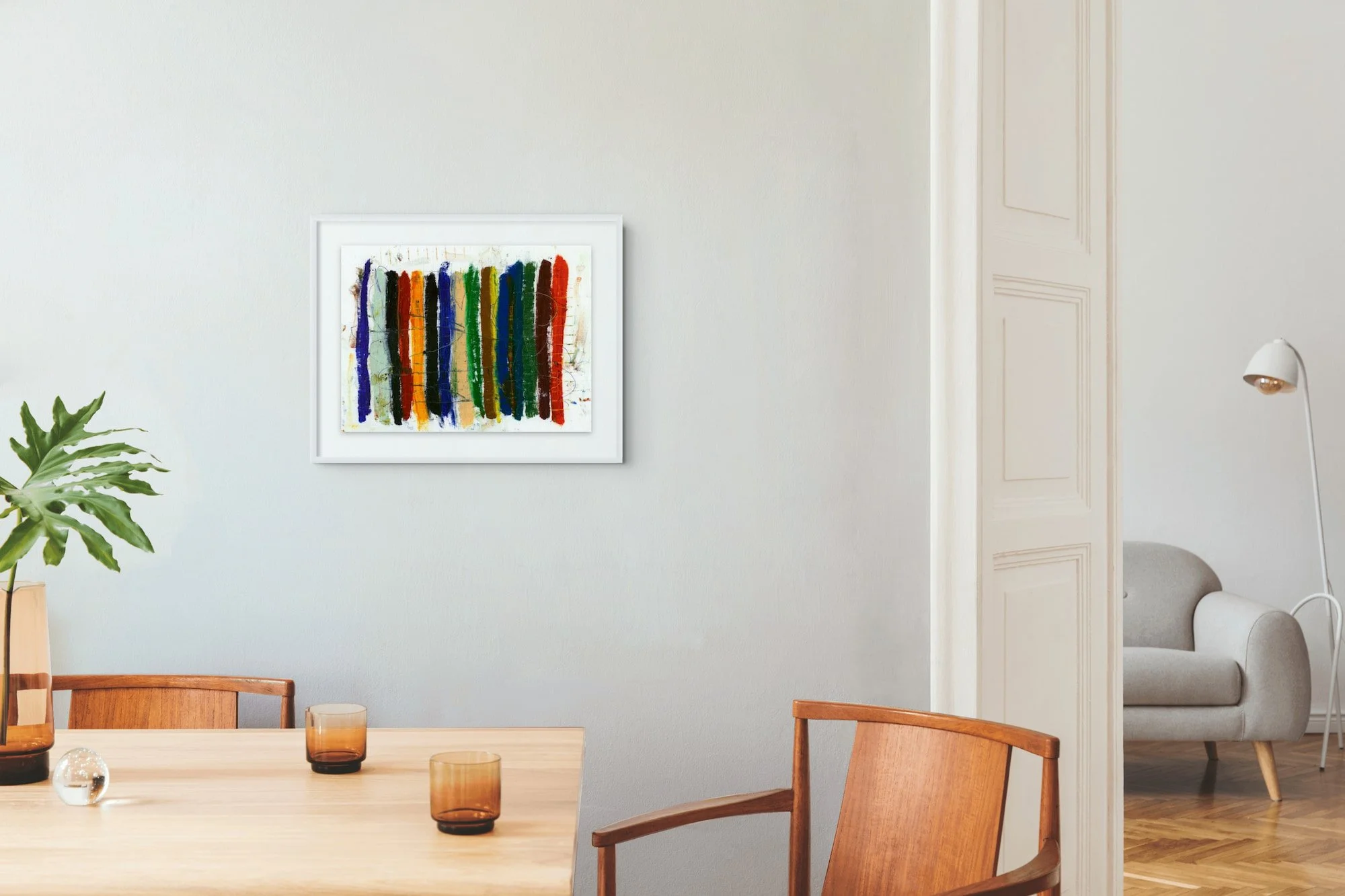 Shoreline Stripes abstract painting by Marcus Bacher in mid-century modern dining room