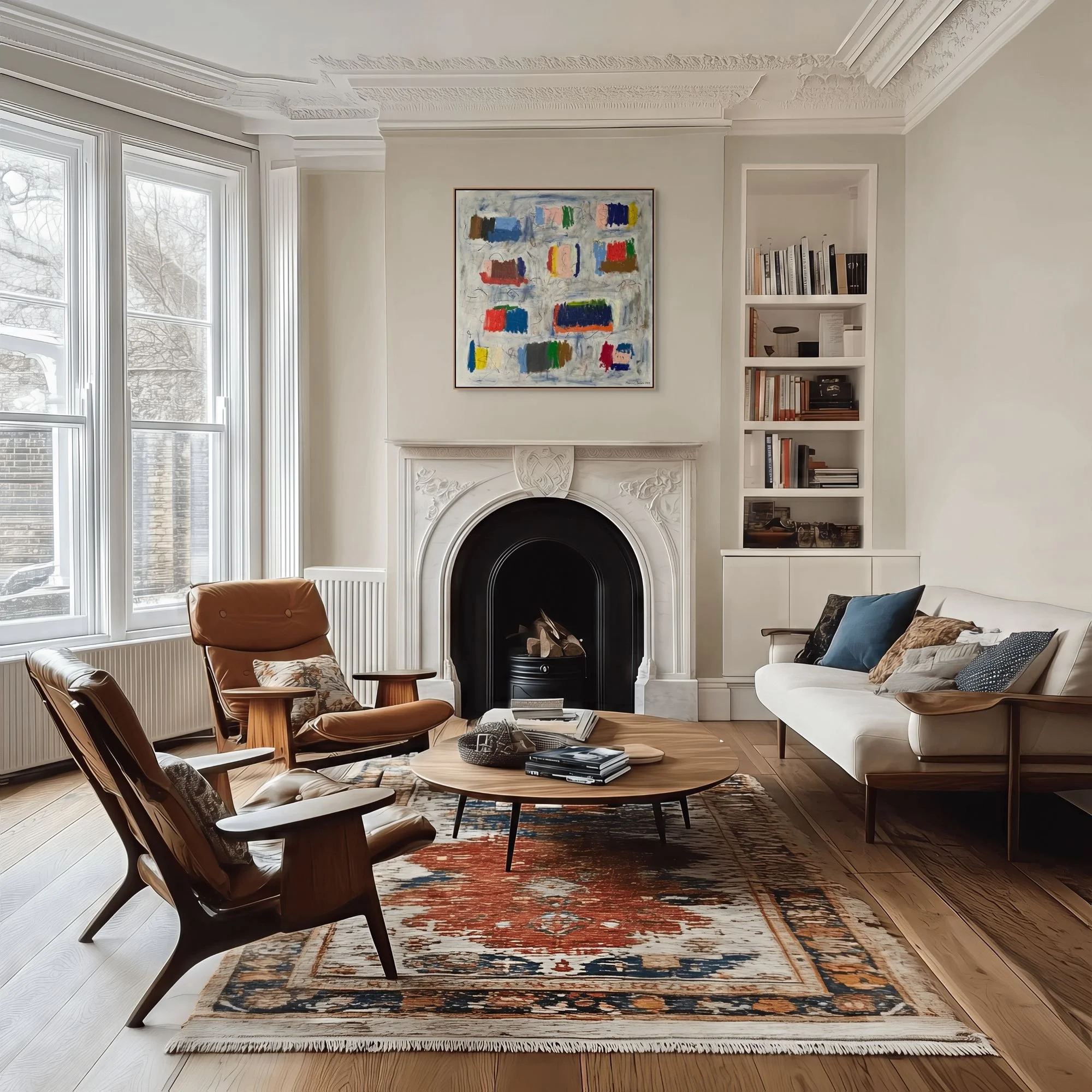 Muizenberg original abstract painting by Marcus Bacher displayed above fireplace in classic Georgian living room