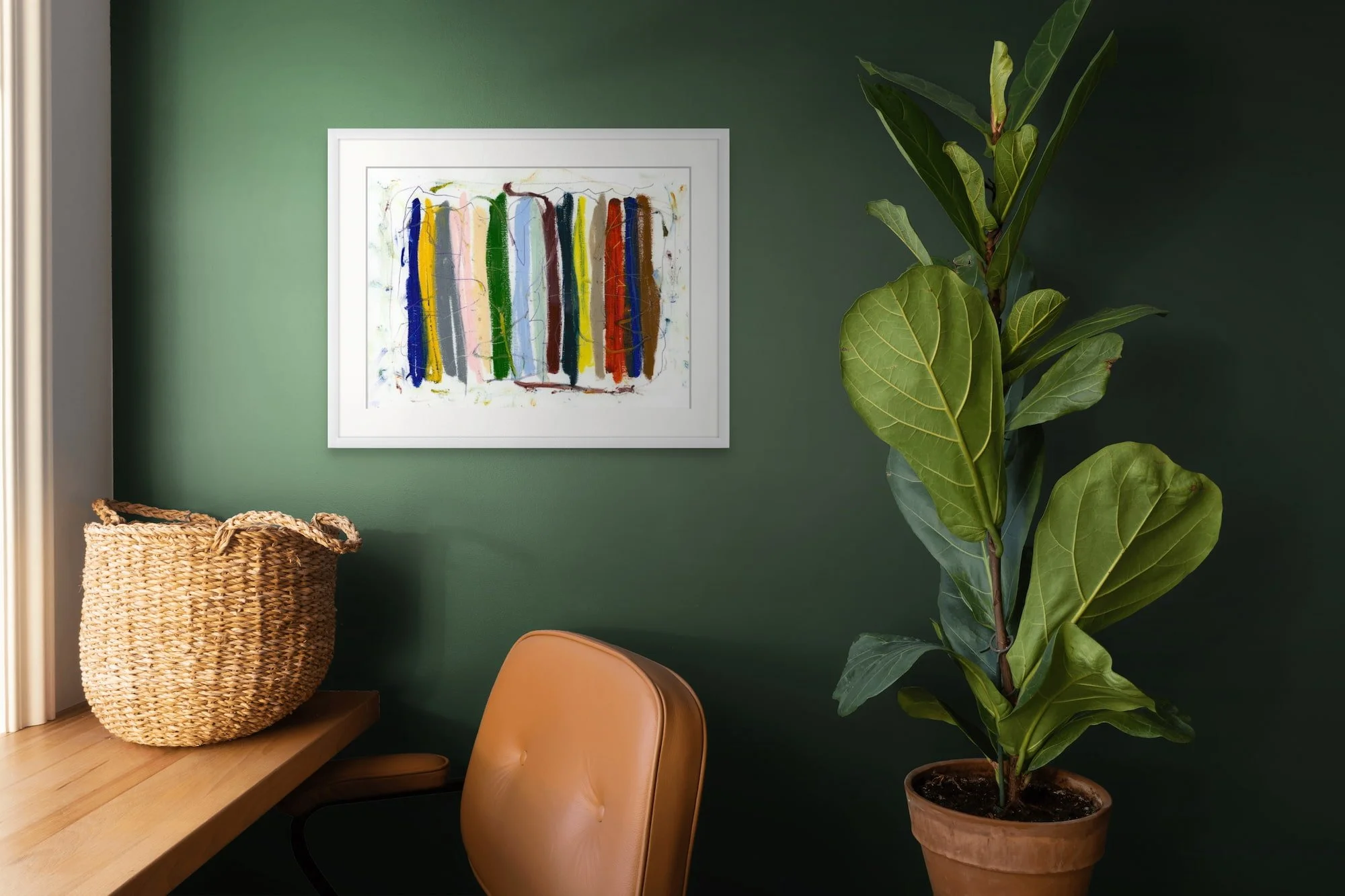 Shoreline Stripes original abstract painting by Marcus Bacher displayed in modern interior with green wall