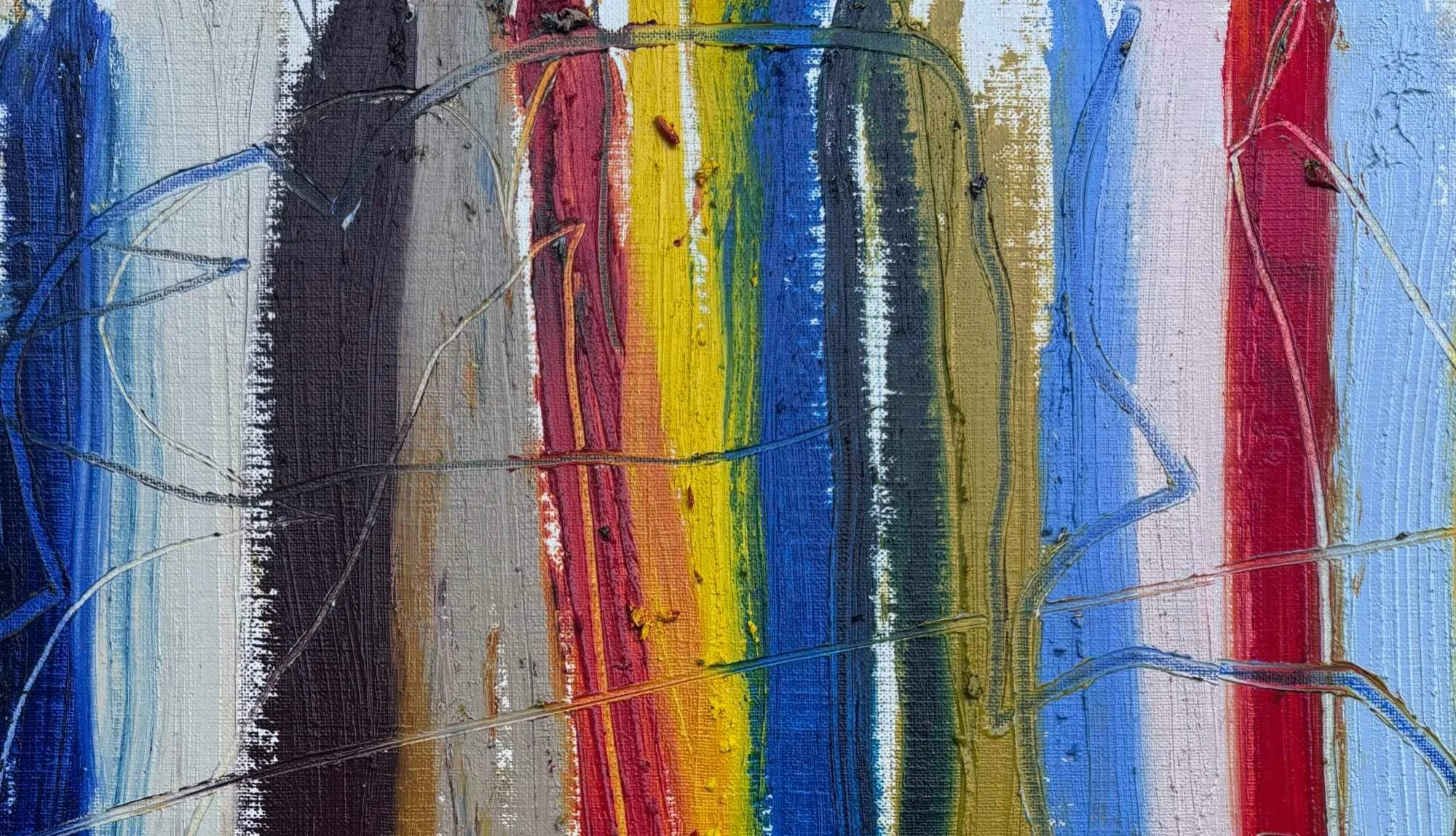 Shoreline Stripes II by Marcus Bacher, close-up of blue, charcoal, red, and yellow stripes.