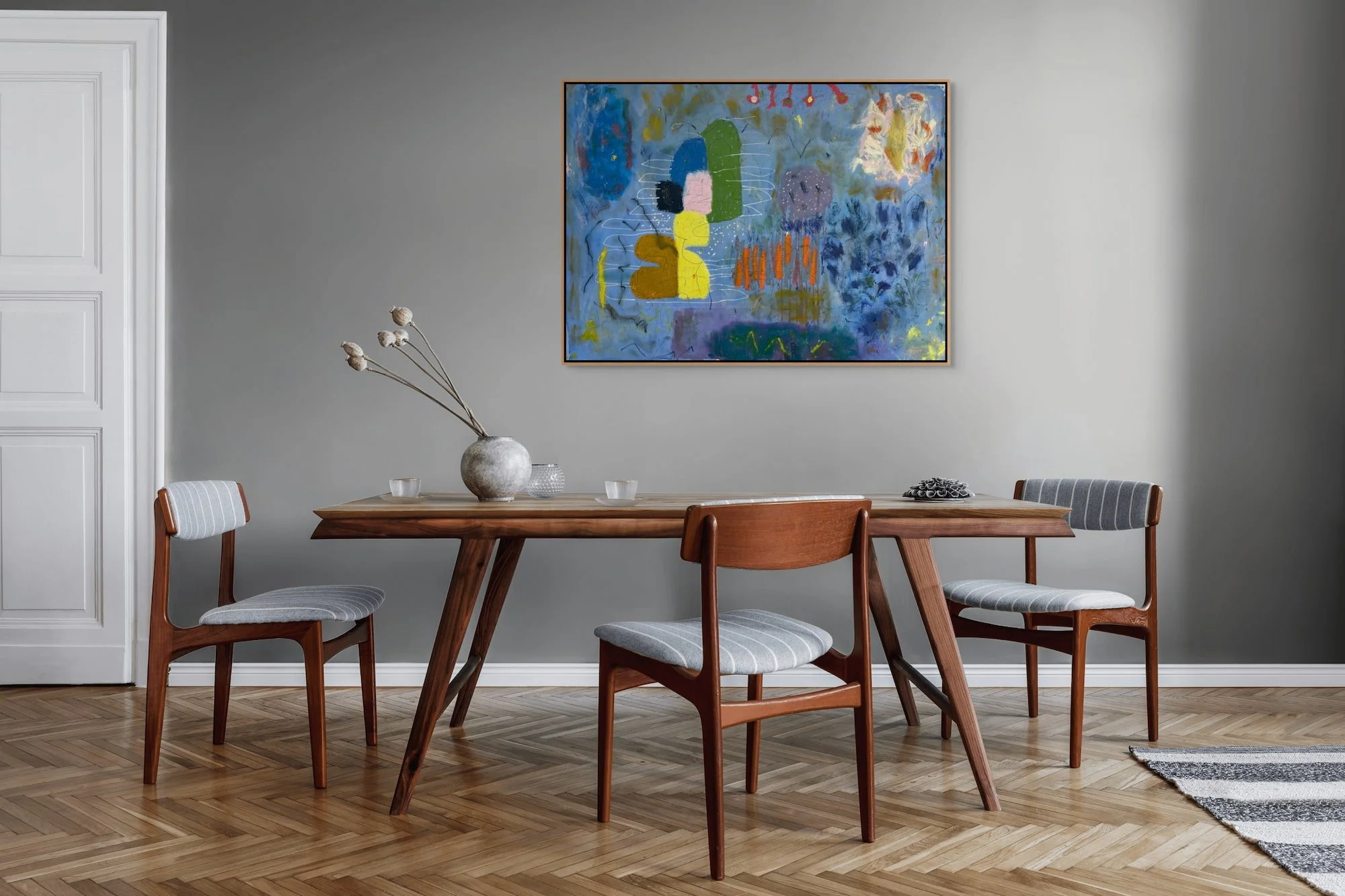 Color Me Briefly large abstract painting by Marcus Bacher in mid-century dining interior