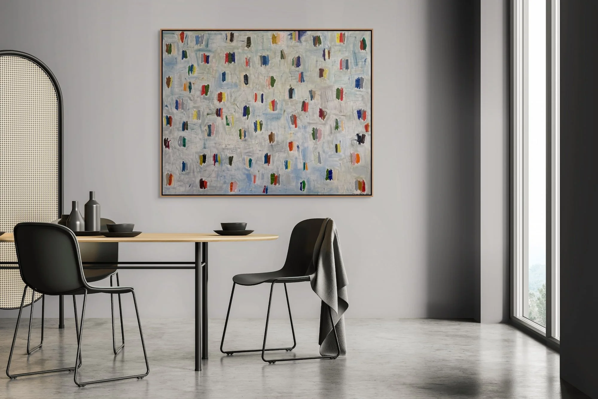 Cadence of Colors large abstract painting by Marcus Bacher in contemporary dining room