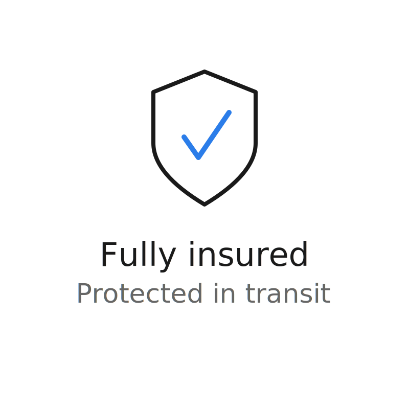 A graphic featuring a shield with a checkmark inside, accompanied by the text 'Fully insured' and 'Protected in transit'.