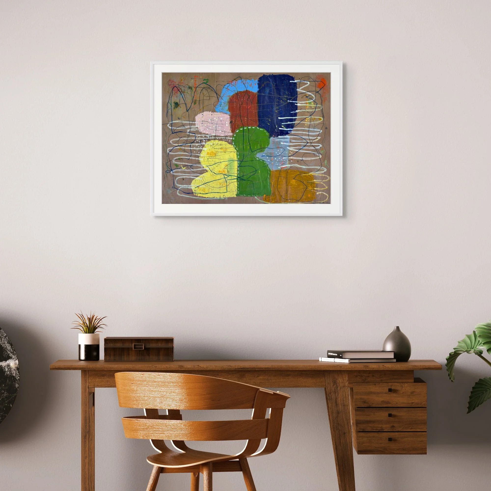 Paper Parade abstract painting by Marcus Bacher in modern home office interior