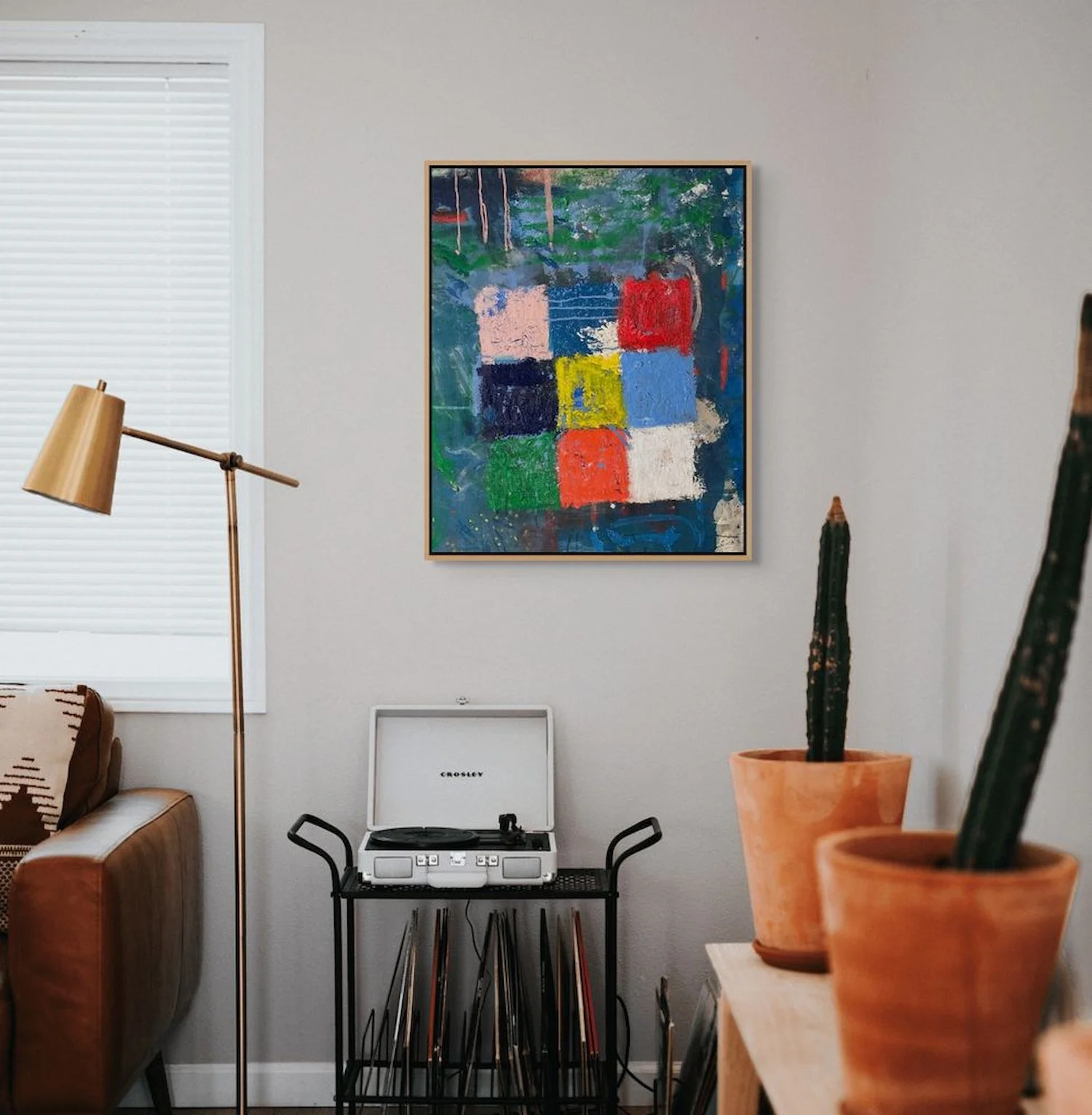 Nine Colored Blocks abstract painting by Marcus Bacher displayed in modern home interior