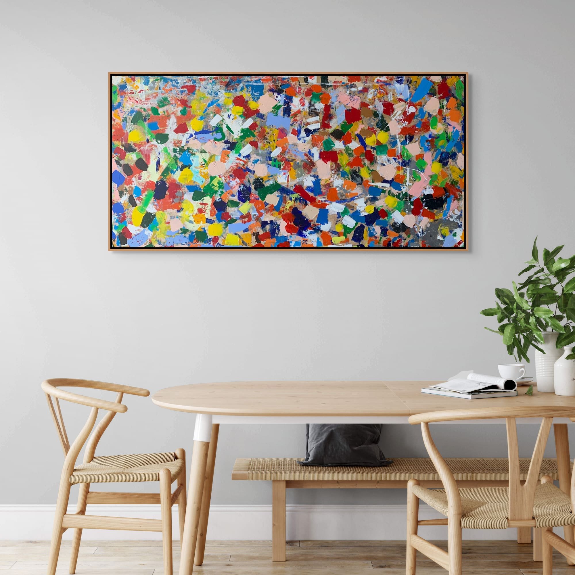 Leftovers large colorful abstract painting by Marcus Bacher displayed in modern dining room