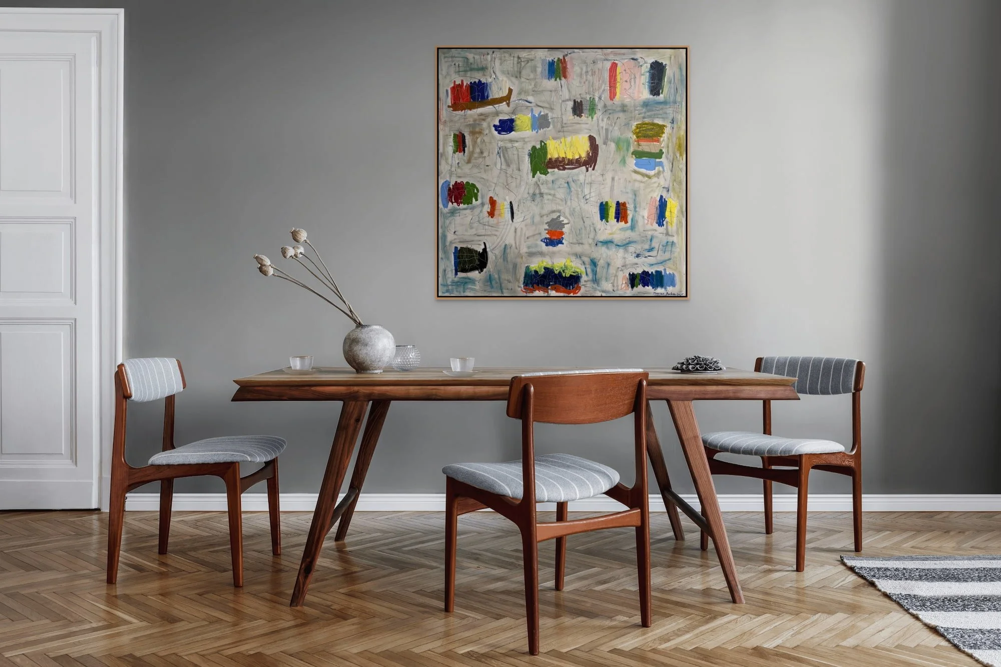 Muizenberg series original abstract painting by Marcus Bacher in a midcentury modern dining interior