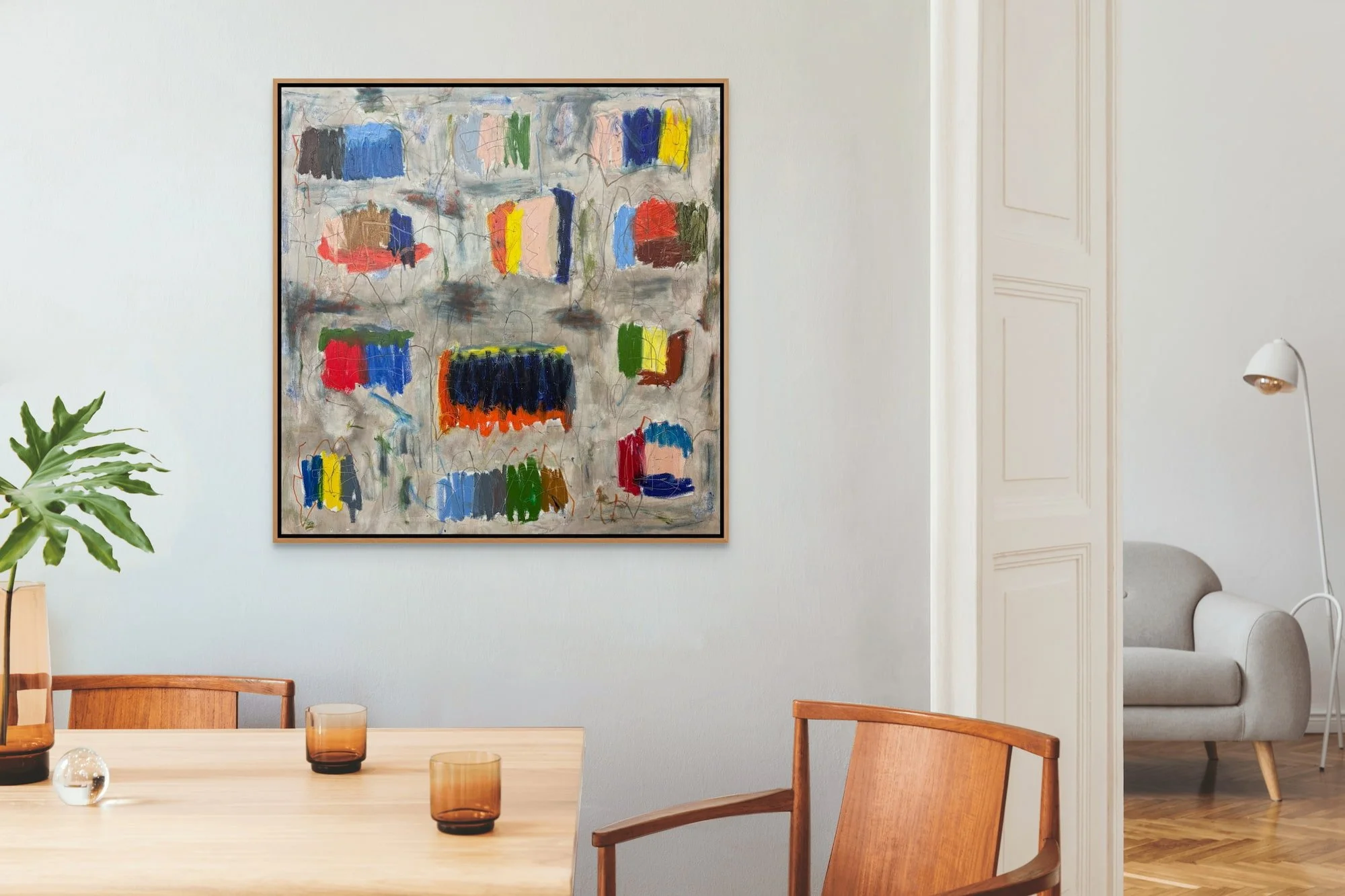 Muizenberg square abstract painting by Marcus Bacher displayed in midcentury modern home interior