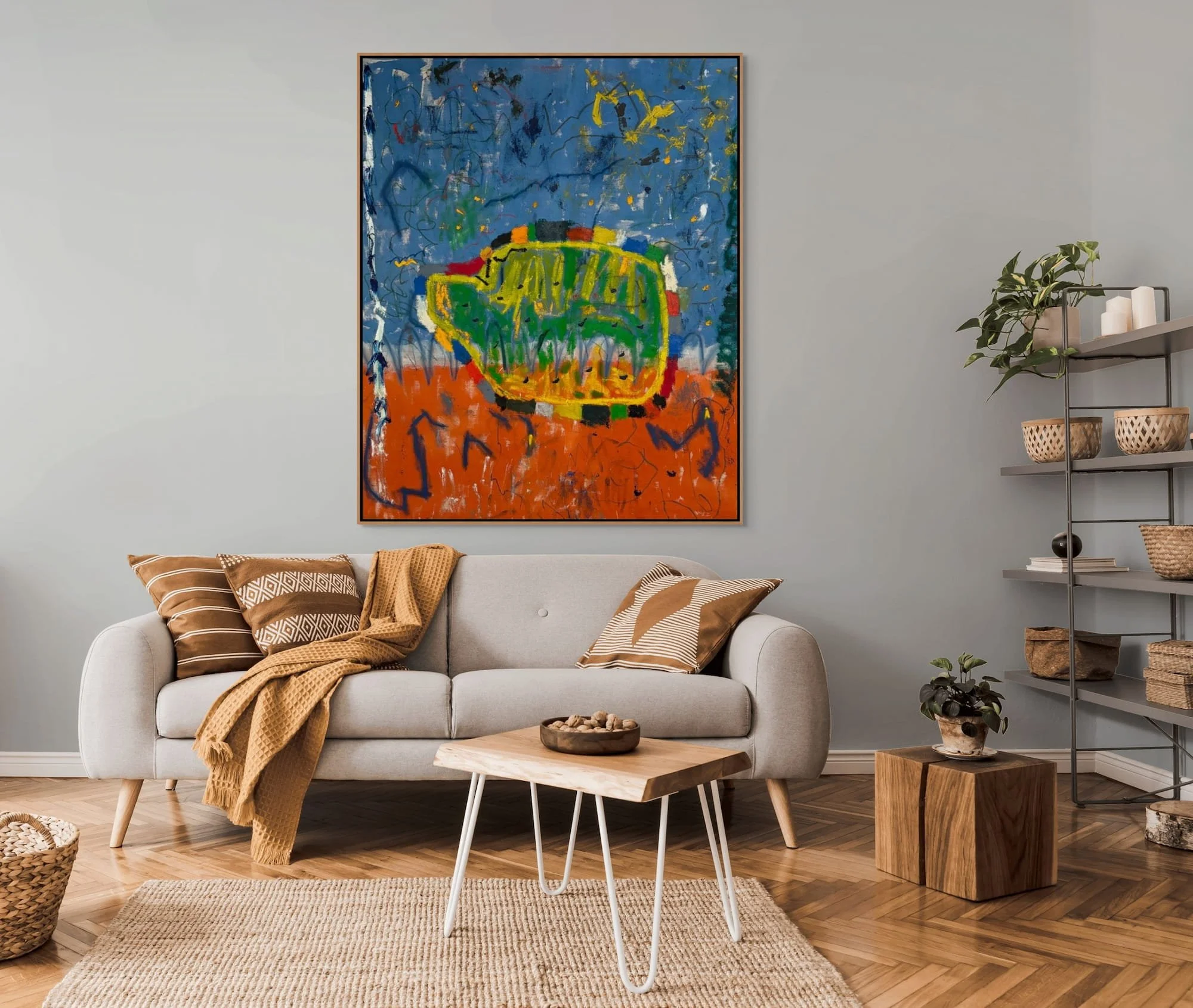 Oranje Blanje Blou large original abstract painting by Marcus Bacher on statement wall in contemporary interior