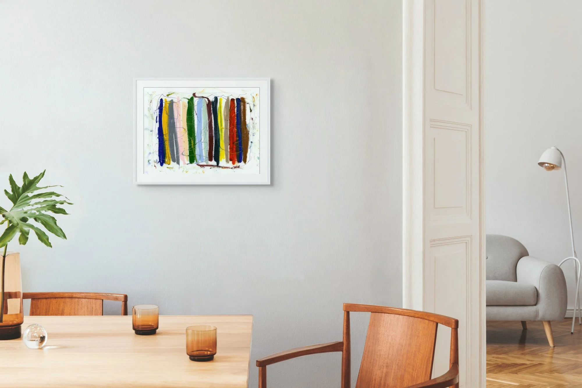Shoreline Stripes abstract painting by Marcus Bacher in mid-century modern dining room