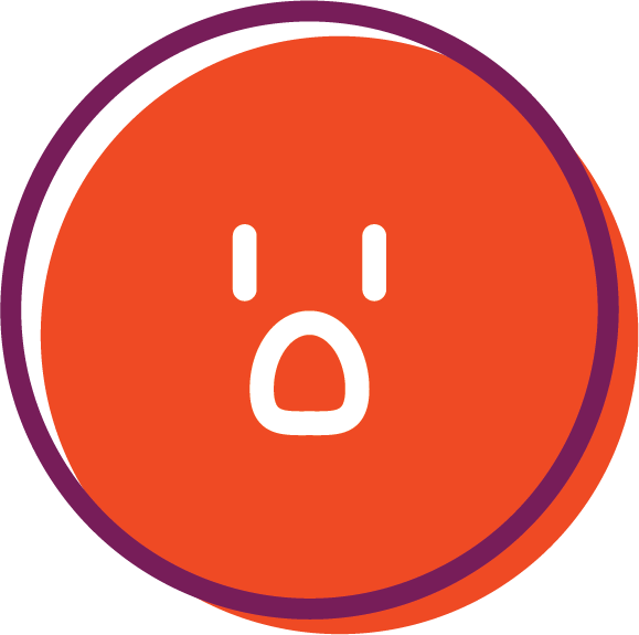 Orange circular icon with a surprised face, featuring two vertical lines for eyes and an open oval mouth.