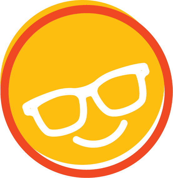 Smiley face emoji with glasses and a smile on a yellow background with red and orange borders.