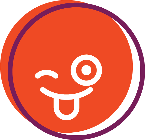 A stylized emoji face with an orange background, winking eye, sticking out tongue, and a playful expression.