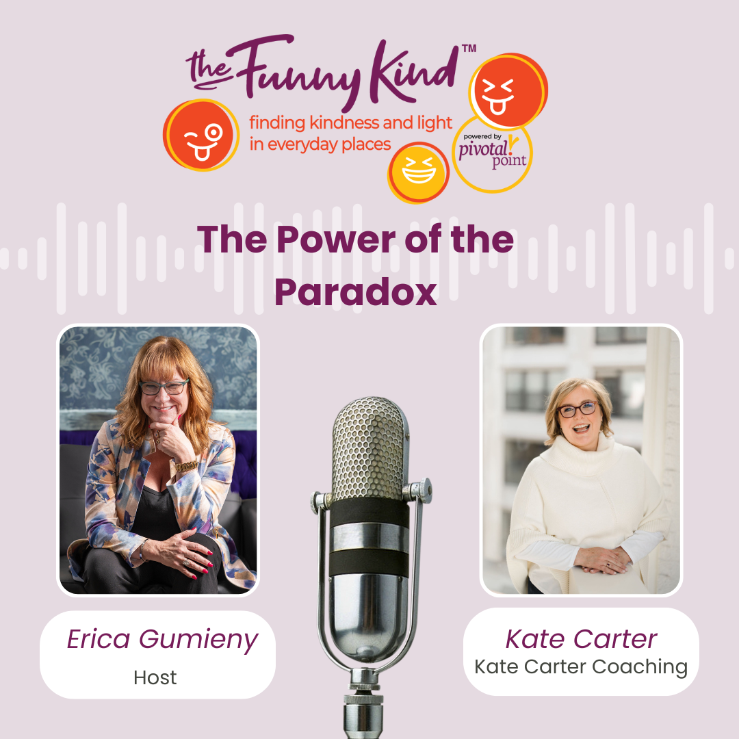 Podcast graphic titled "The Power of the Paradox" featuring Erica Gumeny, host, and Kate Carter, Kate Carter Coaching. The graphic includes cartoon emoji icons at the top, a microphone in the center, and photos of Erica Gumeny and Kate Carter at the bottom with their names and titles.