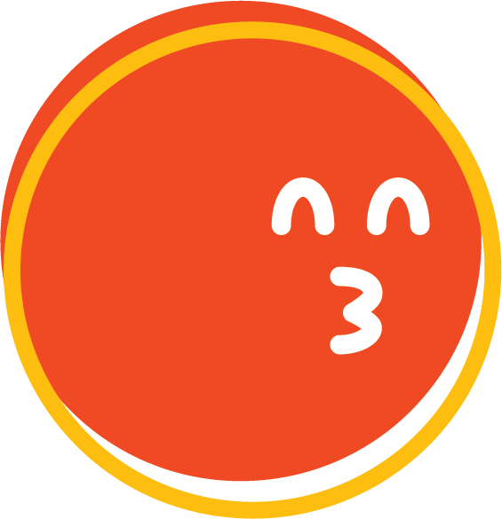 A cartoon orange with a kissy face, closed eyes, and a small smile, with a yellow border.