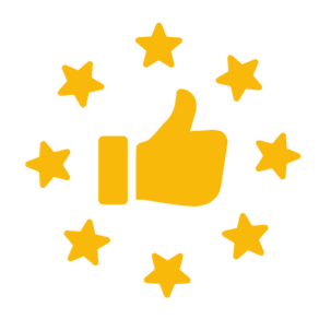 A yellow thumbs-up icon surrounded by yellow stars on a black background.