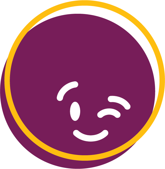 Purple circular emoji with a winking face and a playful smile, outlined with a yellow border.