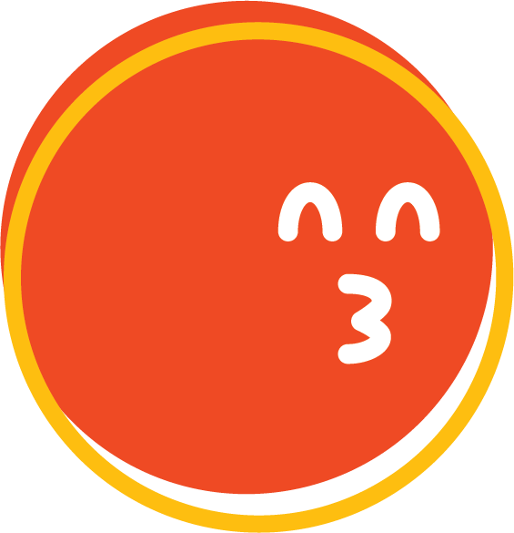 Smiley face emoji with puckered lips and closed eyes, on a red and yellow background