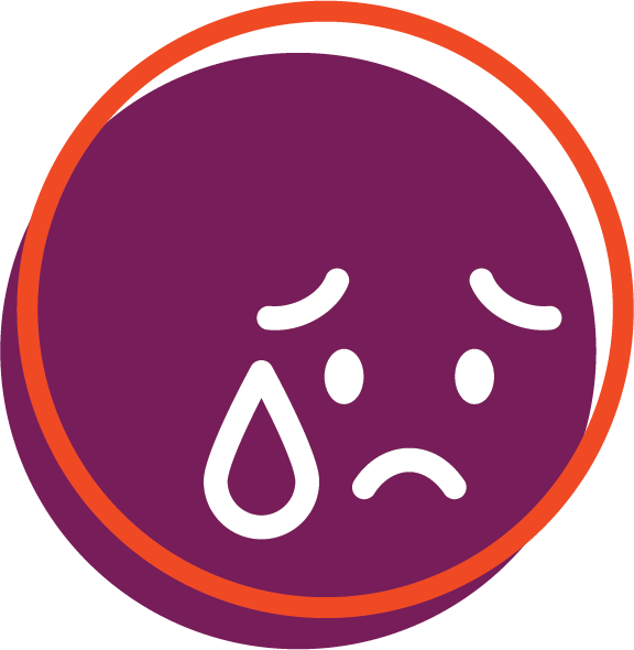 A sad, crying emoji face with a purple background, white facial features, and a red border.