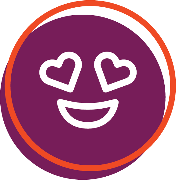 Purple emoji with heart-shaped eyes and a wide smile, surrounded by an orange circle.