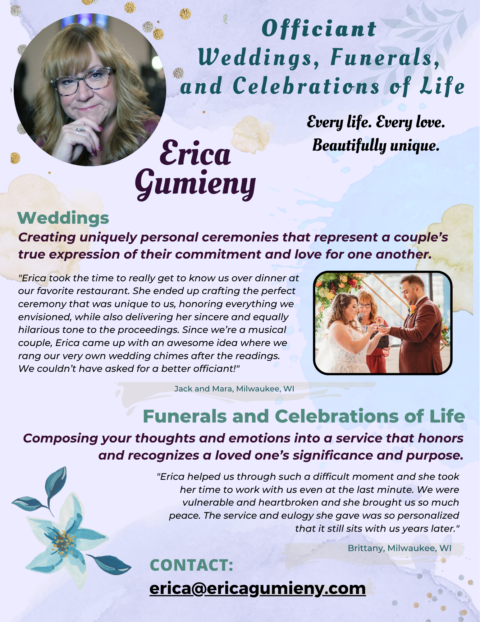 Erica Gumieny wedding and funeral officiant