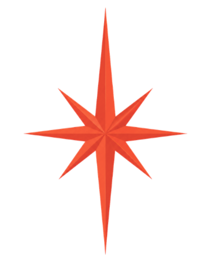 A red, stylized, eight-point star with a central circle and pointed tips