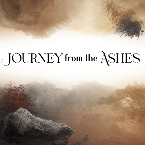 The cover of a book titled 'Journey from the Ashes' featuring a cloudy, smoky background in shades of brown, beige, and black, with a piece of charred wood or ash in the lower left corner.