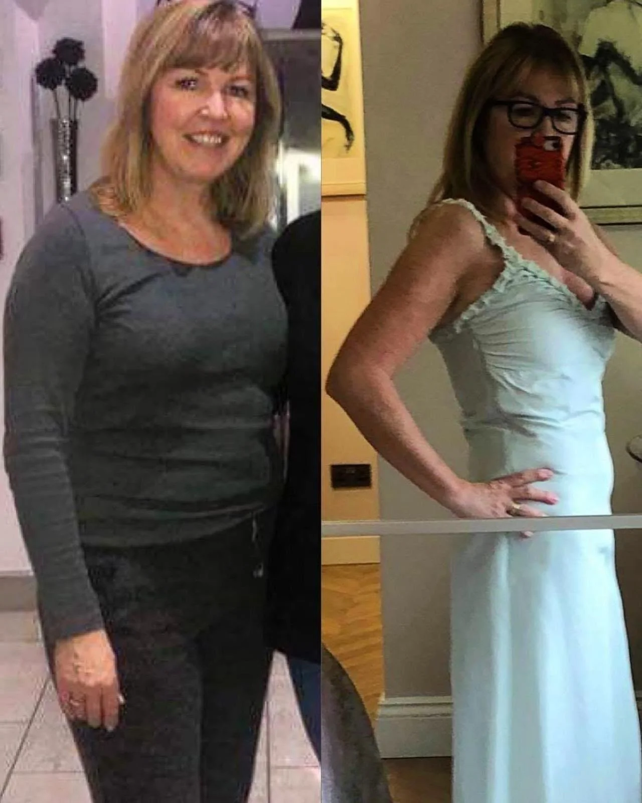 Side-by-side before and after photos of a woman showing weight loss transformation, wearing casual and formal attire.