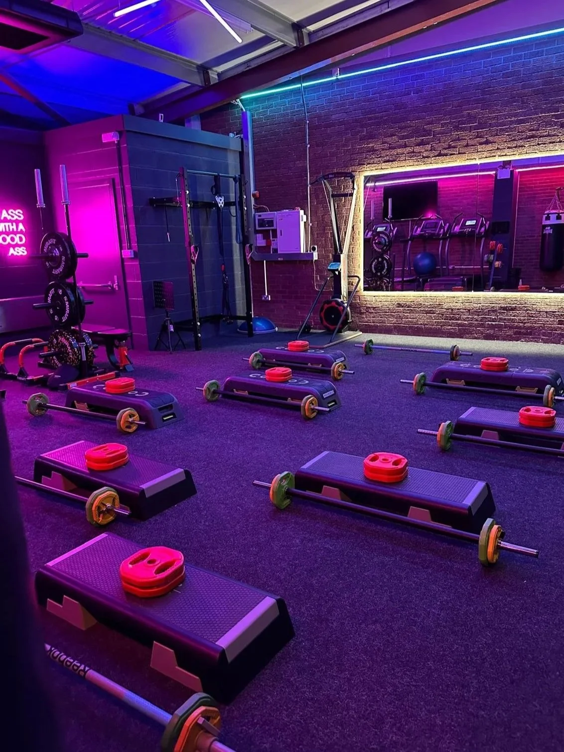Fitness studio with purple and pink lighting, various workout benches with weights, a mirror on the brick wall, and gym equipment in the background.