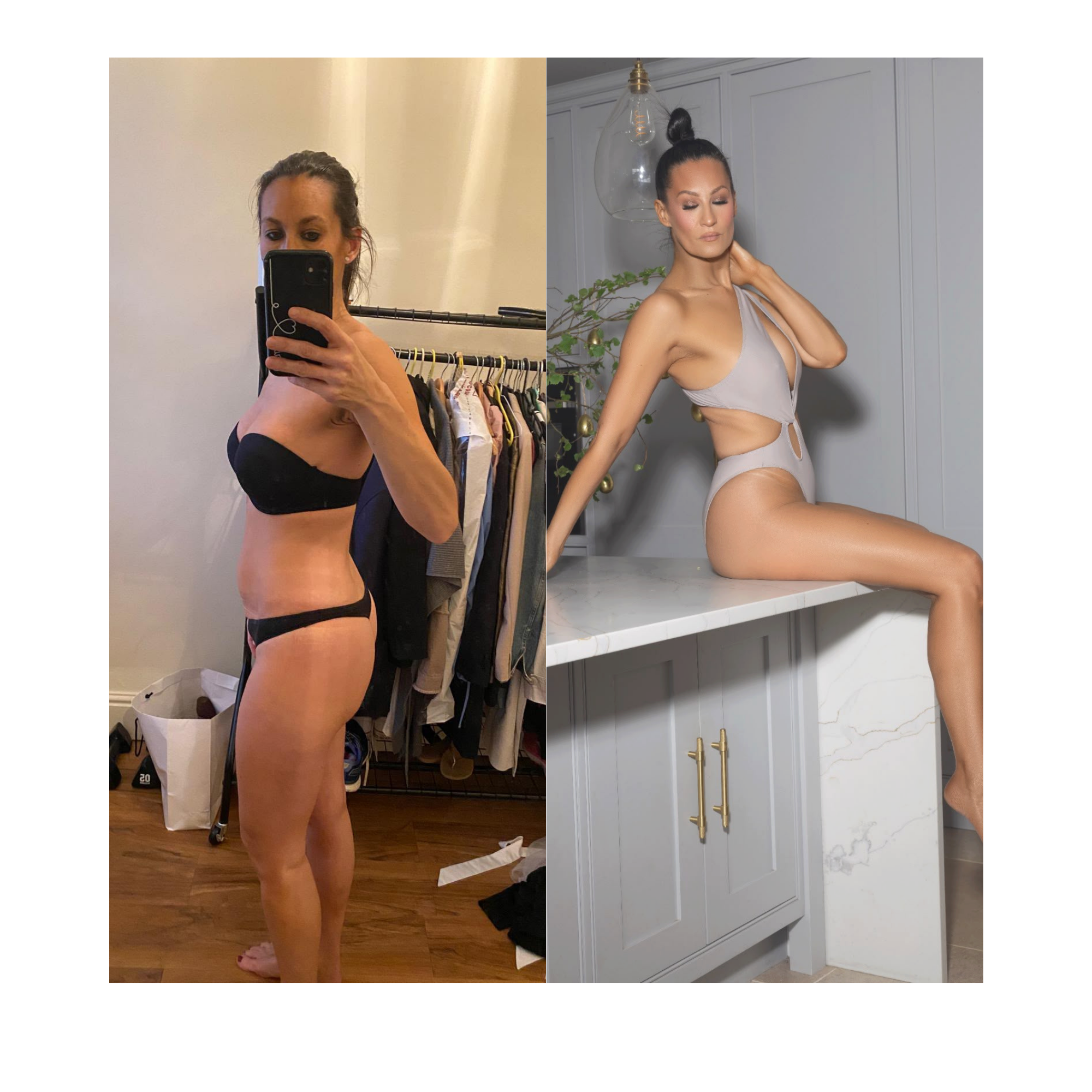 A side view of a woman taking a selfie with her phone, wearing black underwear, in a room with a clothing rack, white wall, and a beige wall. The woman has dark hair tied up and is holding her phone with her right hand.