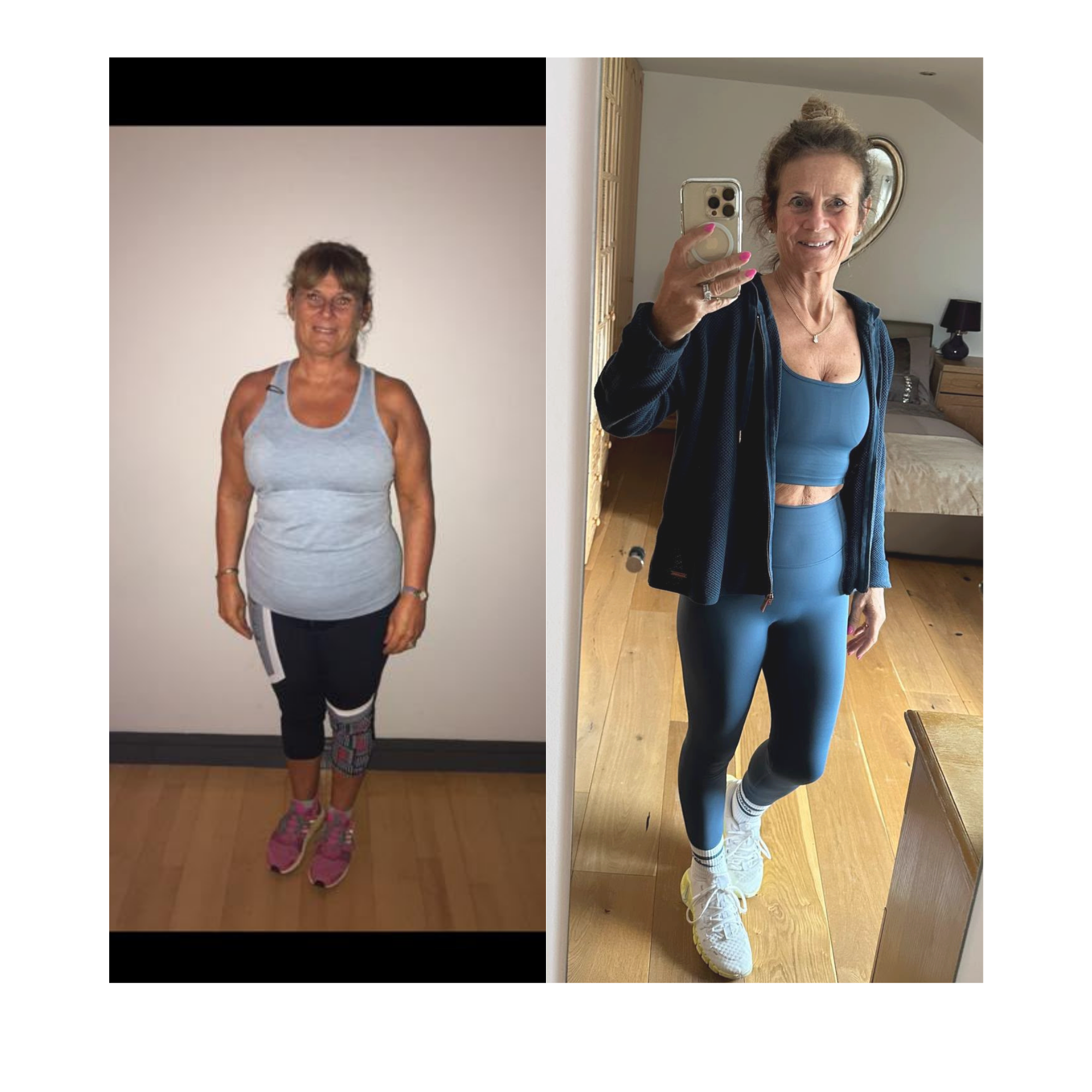 Comparison photo showing a woman in workout clothes before and after fitness transformation, with the left side depicting her at a heavier weight and the right side showing her at a slimmer, more toned appearance.