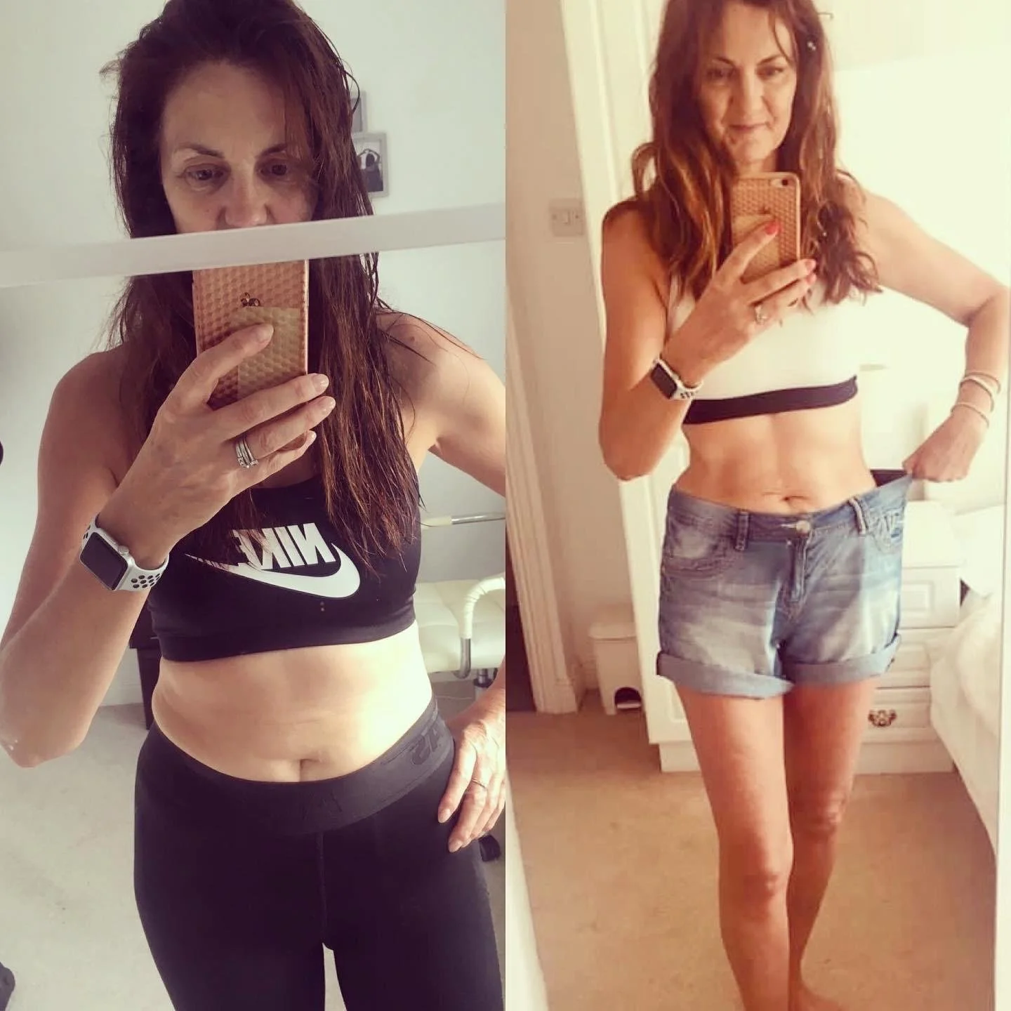 Side-by-side photos of a woman taking mirror selfies. The left shows her with a fuller figure, wearing a black Nike sports bra and black leggings. The right shows her with a slimmer physique, wearing a white crop top and denim shorts.
