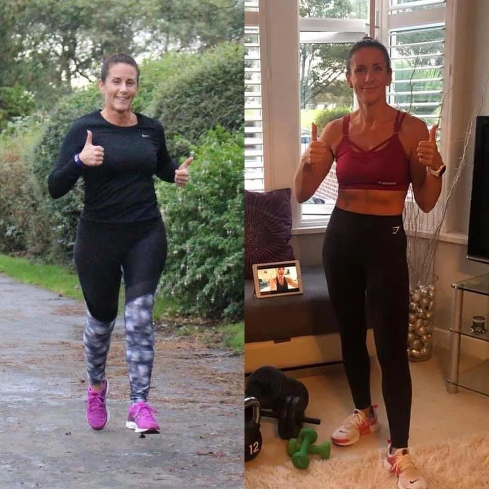 A woman in athletic clothing giving a thumbs-up while walking outdoors on a trail, and the same woman indoors giving a thumbs-up in workout attire with fitness equipment visible.