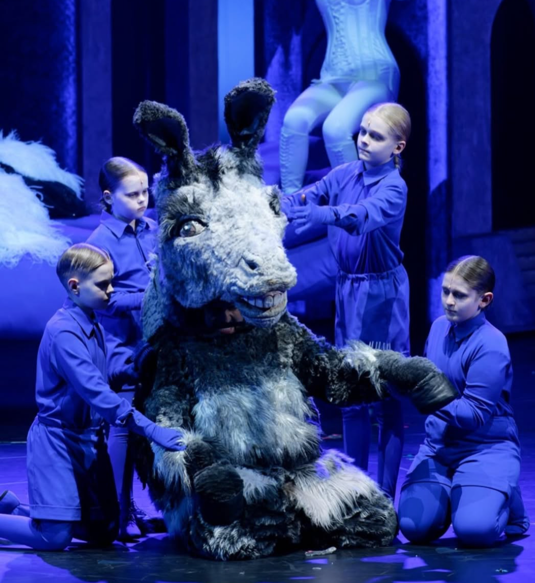 Conall O'Neill, Bass. A Midsummer Night's Dream, Lithuanian National Opera. Children dressed in blue costumes backstage preparing a costume for a performance, with a person in a donkey costume sitting on the floor in a theater setting.