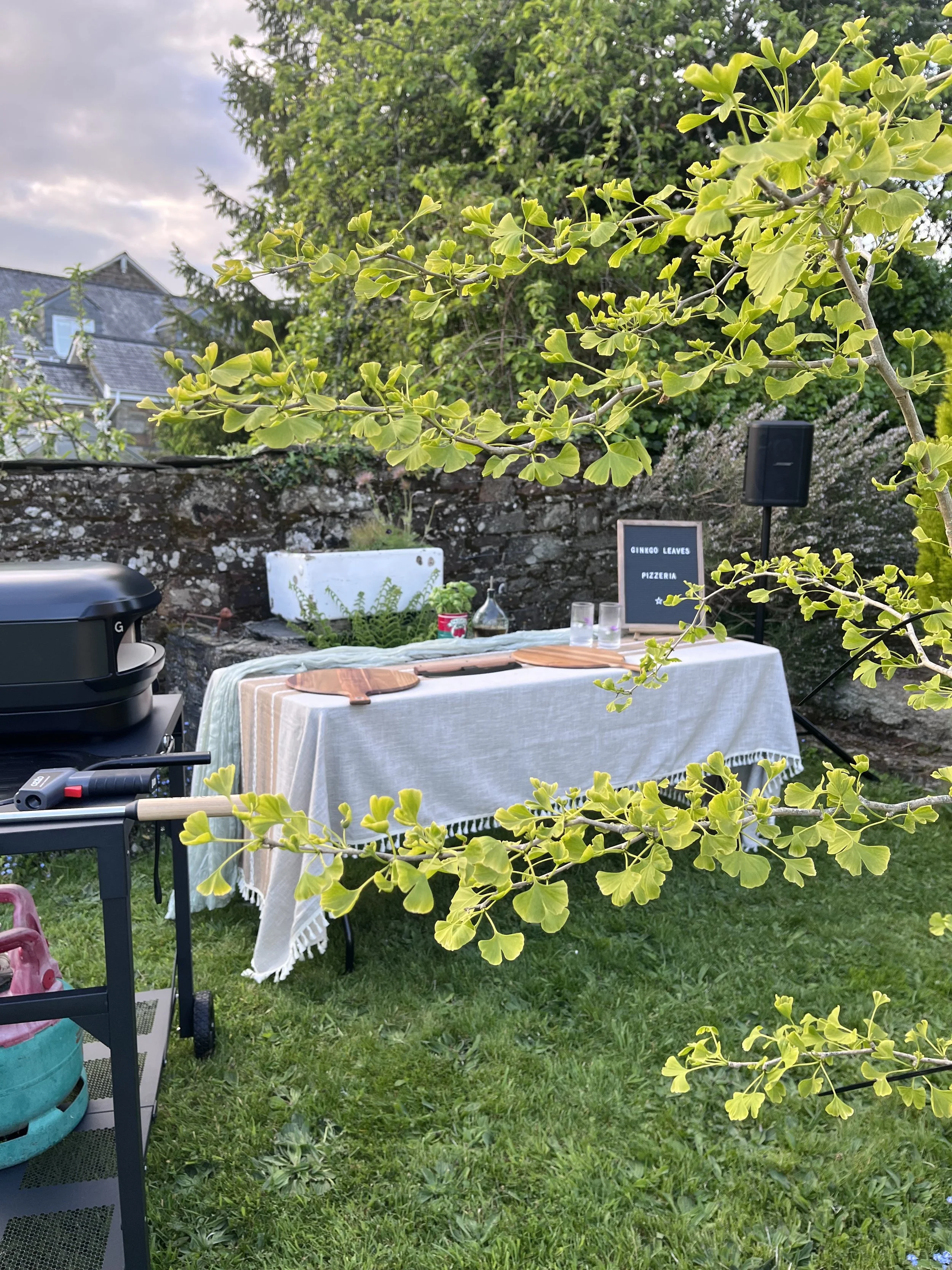 An outdoor setting with a table covered in a beige cloth, surrounded by greenery, and a small sign that reads 'Ginkgo Leaves Pizzeria' on the table. There are glasses, plants, and a black speaker in the background.