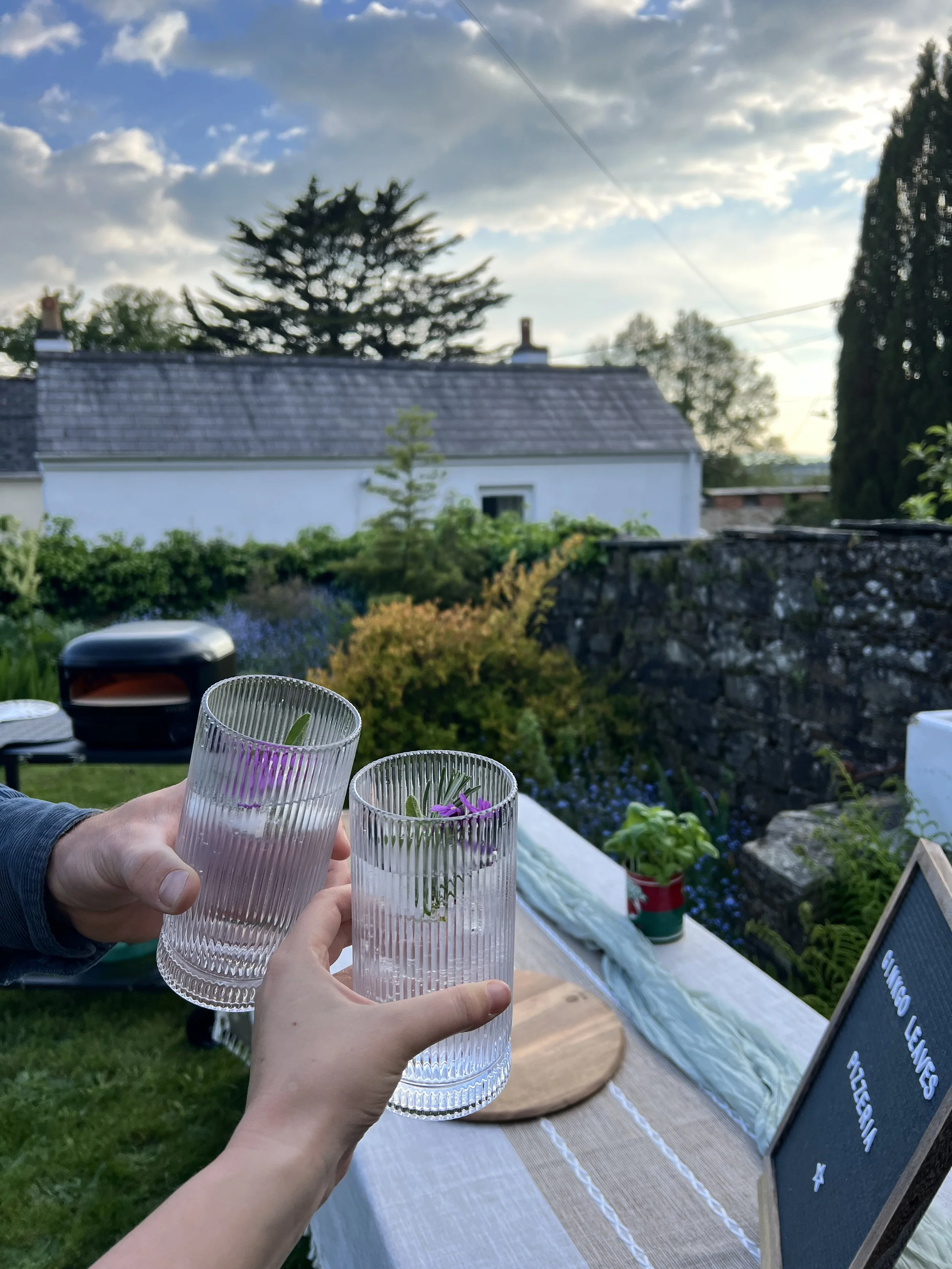 People clinking glasses with water, held in ribbed glasses, outdoors in a garden setting with a table, potted plants, and a chalkboard sign.