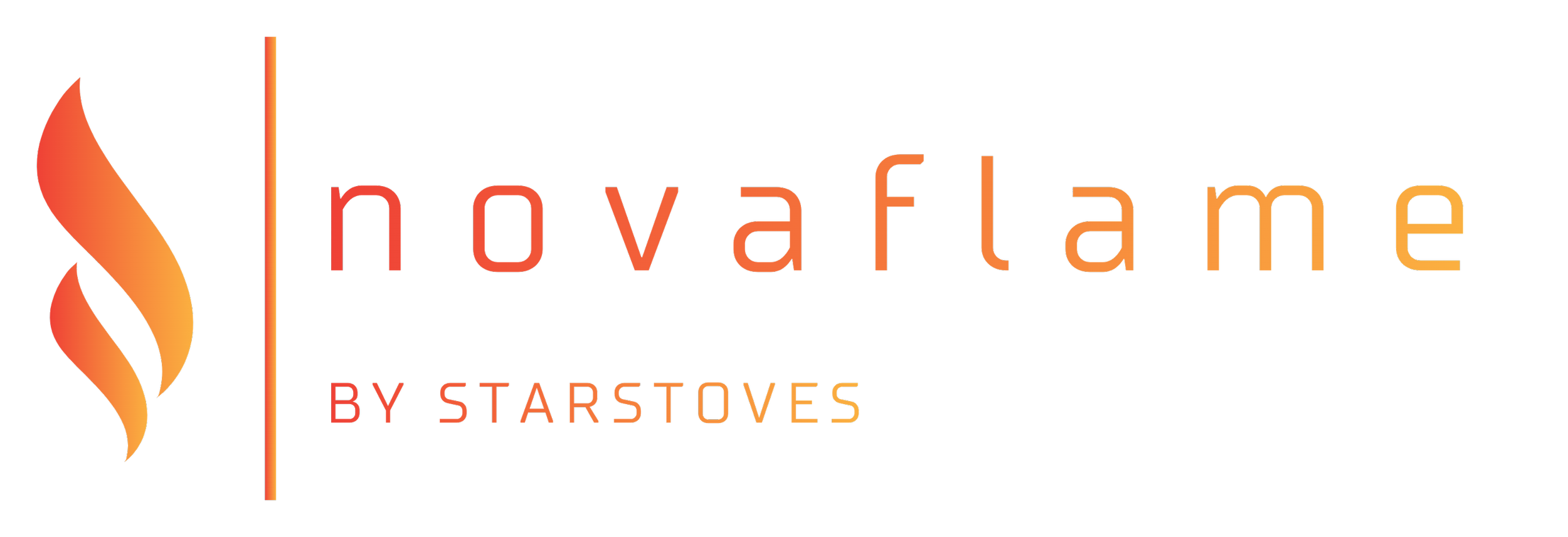 Logo for 'novaflame by Starstoves' featuring a flame icon in orange shades on a black background with the text 'novaflame' and 'by Starstoves'.
