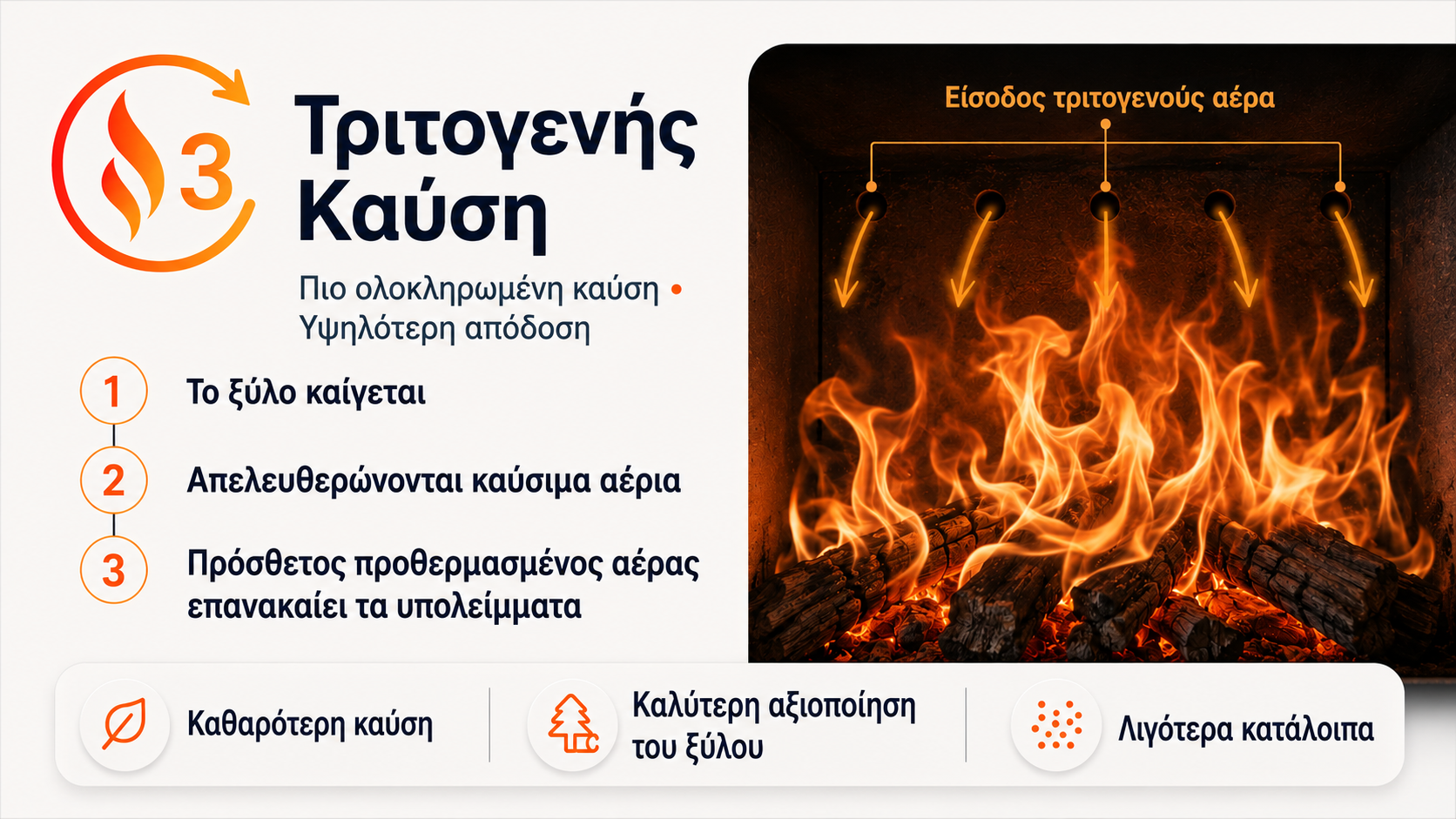 Infographic explaining triple combustion of wood, showing flames and arrows indicating air flow with Greek text. The infographic highlights complete combustion, attribute of higher efficiency, and reduced residues.
