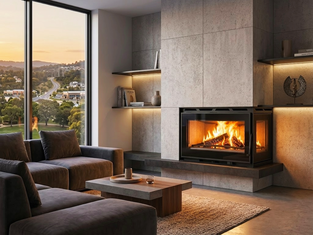 Modern living room with a gray sofa, a wooden coffee table, and a fireplace with a fire. Large window showing a scenic landscape and sunset.